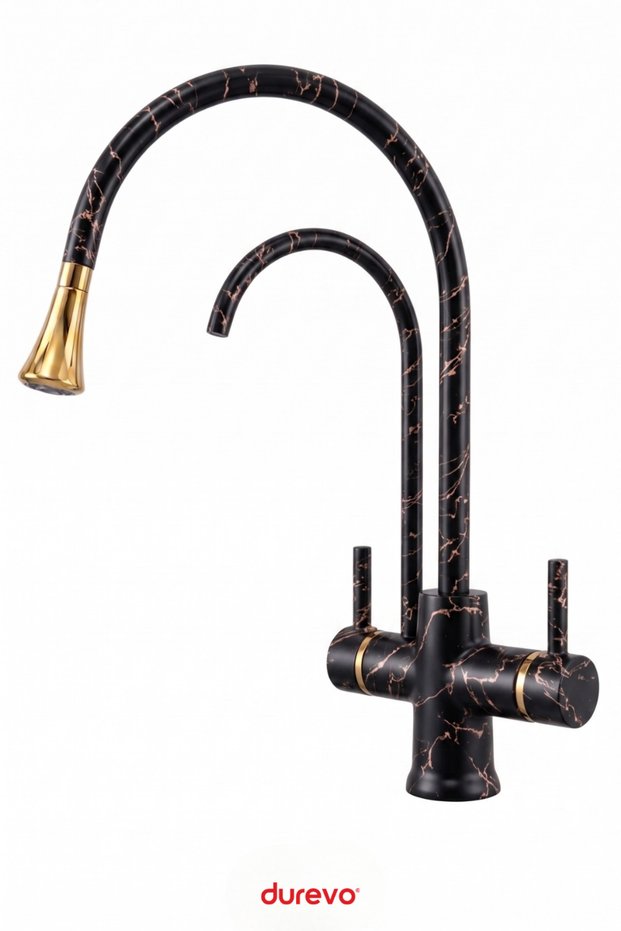 Damla Series - 3-Way Kitchen Sink Faucet with Water Purification (Water-Saving Sink Faucet) Marble Pattern/Gold Detail