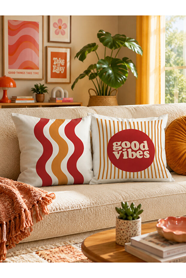 Good Vibes Written and Red Orange Wave Pattern Digital Printing Double-Sided 2-Piece Throw Pillow Cover