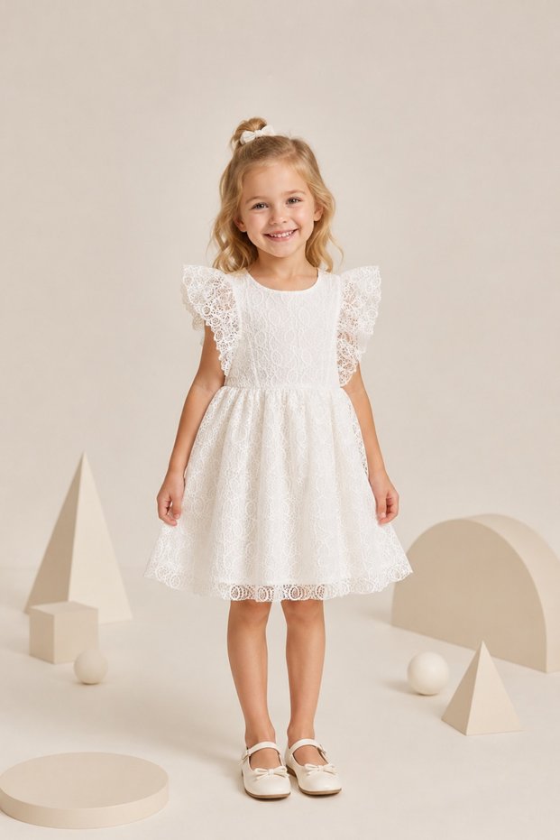 Girl's Guipure Detailed Evening Dress with Flounce Sleeves and Puffy Skirt for Special Occasions and Graduation Events