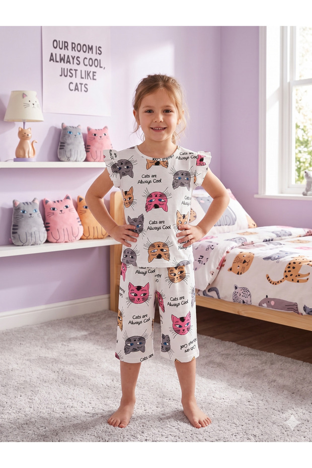 Girl's 100% Cotton White Colored Cats Patterned Short Sleeve Ruffled Shorts Summer Pajama Set