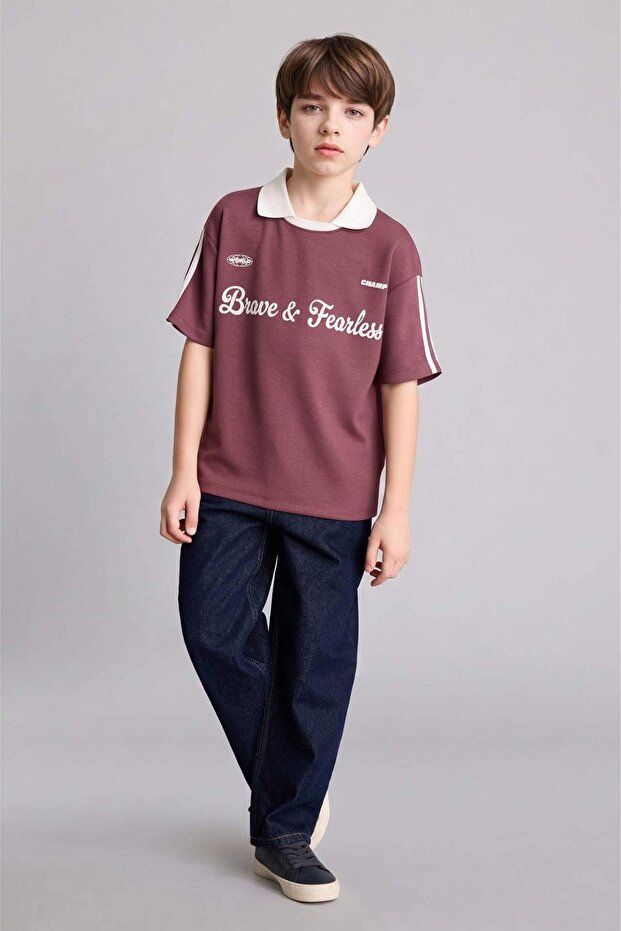Oversize Printed Modal Short Sleeve Polo T-Shirt for Boys H0914A826Sm