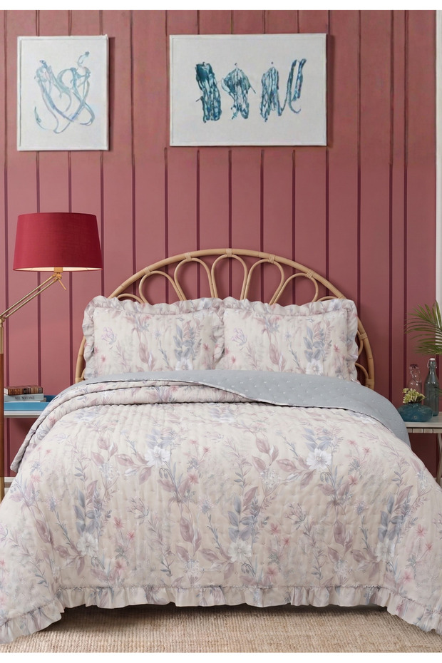 Flowers Double Bedspread Set 240X260Cm - 100% Polyester Blue - Pink with Flounces and 2 Pillows