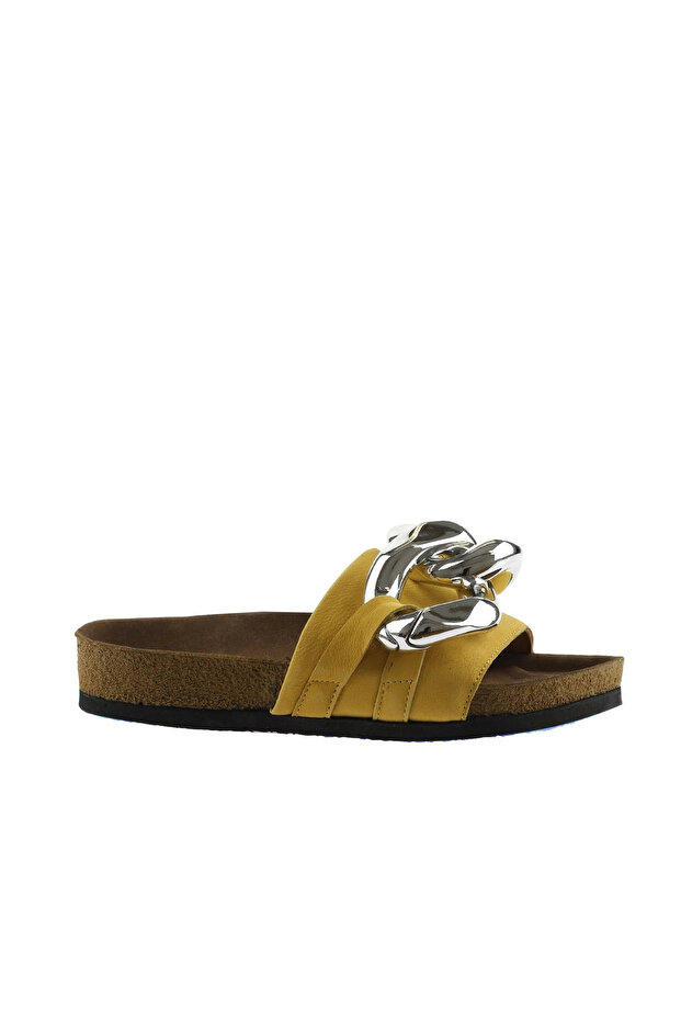 Yellow Nubuck Leather Women's Flat Slippers 05Wt066