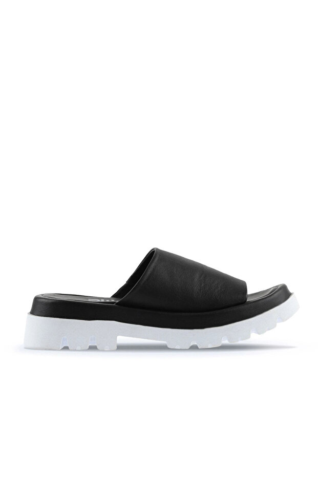 Black Leather-White Tb Women's Flat Slippers 01Wu7308