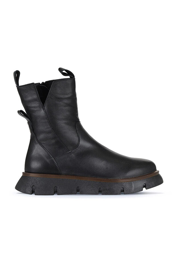 Black Leather Women's Wedge Heel Piece Boots 01Wz1504
