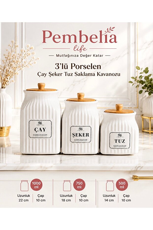 3-Piece Porcelain Tea Sugar Salt Storage Jar Set (3 SIZES 1000ML,750ML,500ML JAR SET)