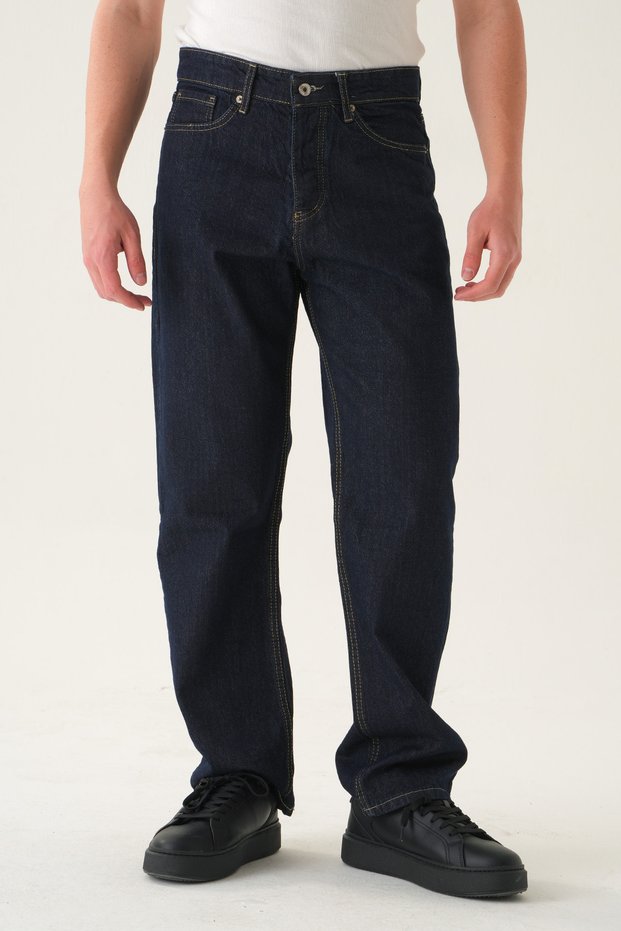 Men's Water Washed Navy Blue Regular Waist Long Leg Baggy Denim Jeans