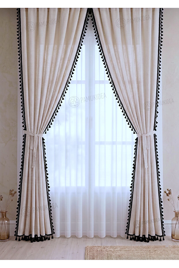 Black Pompom 100% Cotton Natural Plain Natural Buldan Linen Curtain Sunshade and Background - Single Panel