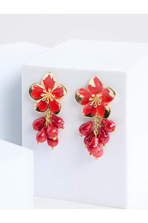 Red Flower Figured Dangle Modern Earrings
