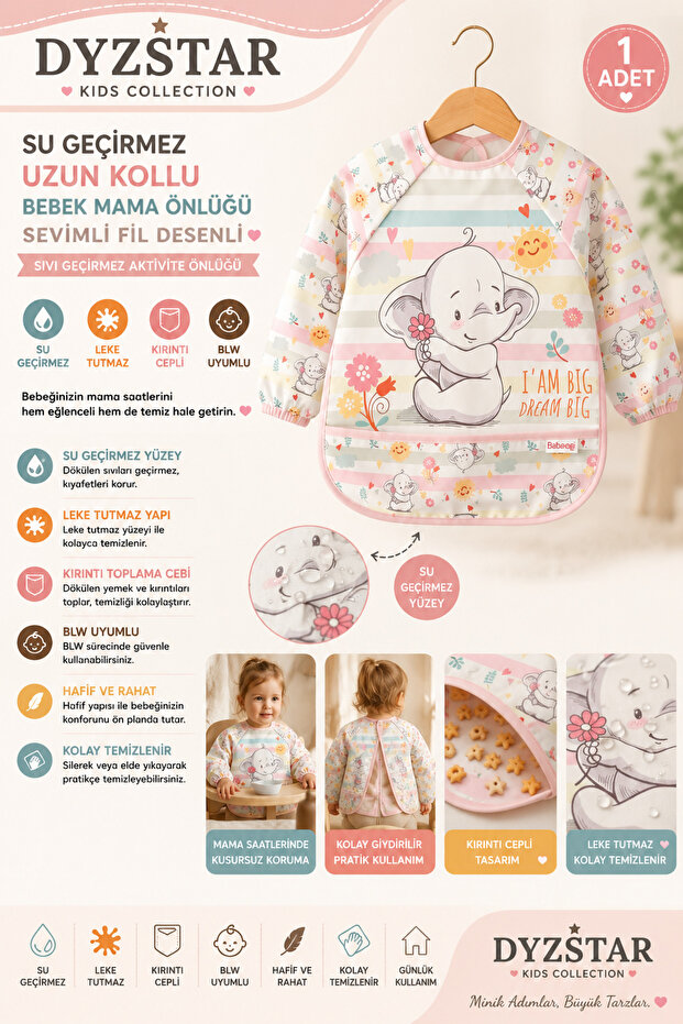 Cute Elephant Patterned Long Sleeve Baby Feeding Bib - Waterproof, Stain-Resistant, with Pocket, Blw Compatible Activity and Feeding Bib