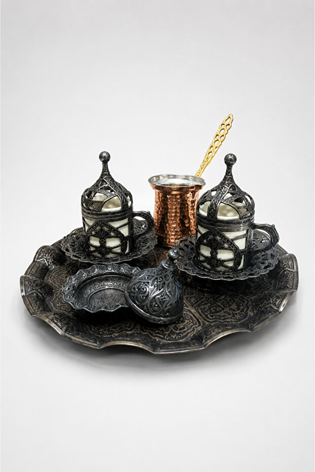 Turkish Coffee Set | Copper Coffee Pot - Porcelain Cups and Saucers and Coffee
