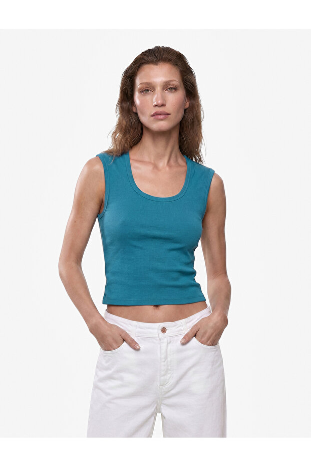 Cotton U-Neck Ribbed Sleeveless Blouse