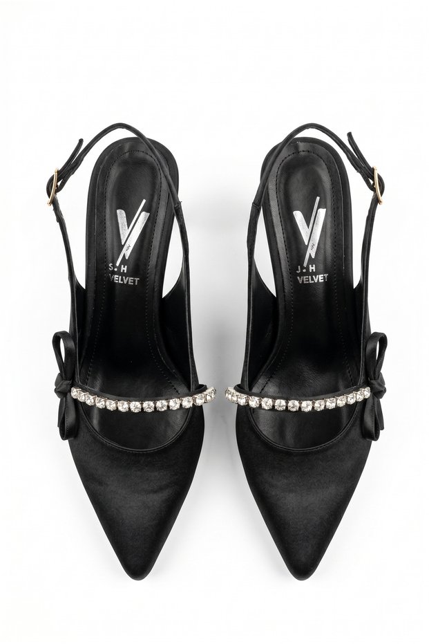 Women's Evening Dress Satin Stone Detailed Pointed Toe Open Back 7cm Thin Heeled Shoes