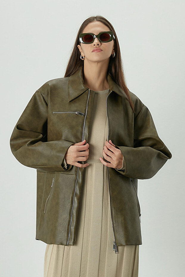 WORNED EFFECT LEATHER JACKET GREEN - 3