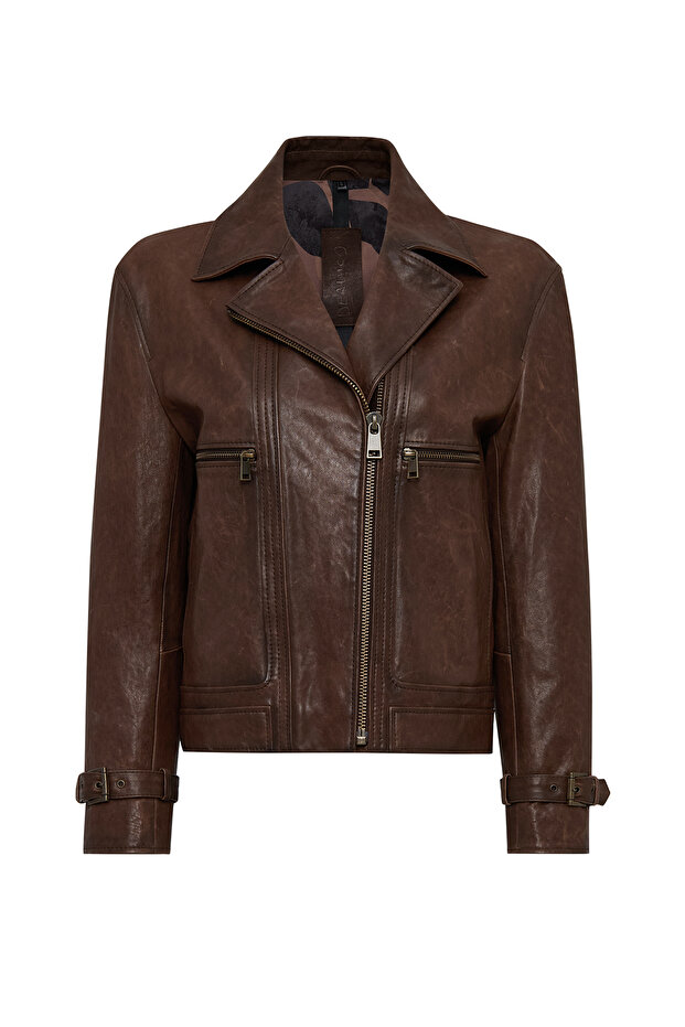Paloma Women's Brown Double-Breasted Collar Oversized Leather Coat 25Wgd56082Z