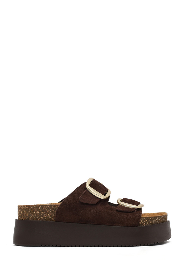 Women's Brown Double Buckle Thick Sole Suede Leather Slippers 25Sfd132810