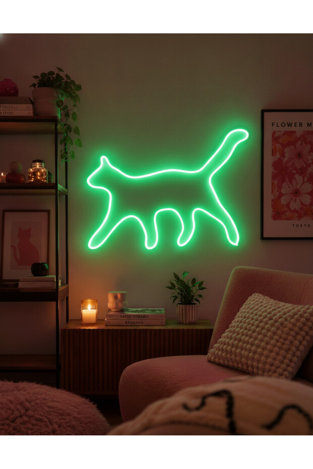 Kedi Figürlü LED Neon Duvar Tablosu | Yeşil Aydınlatmalı Modern Dekor | Farklı Boyut