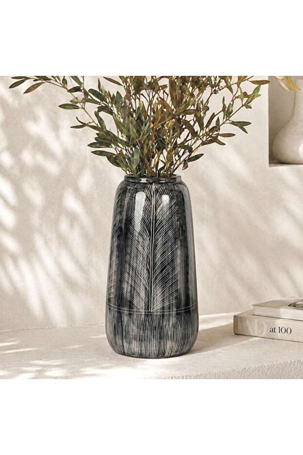 Kazuki Stoneware Fern Etched Vase 20x20x38.5cm - Grey