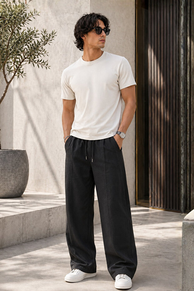 Black Men's Relaxed Cut Linen Trousers 6539