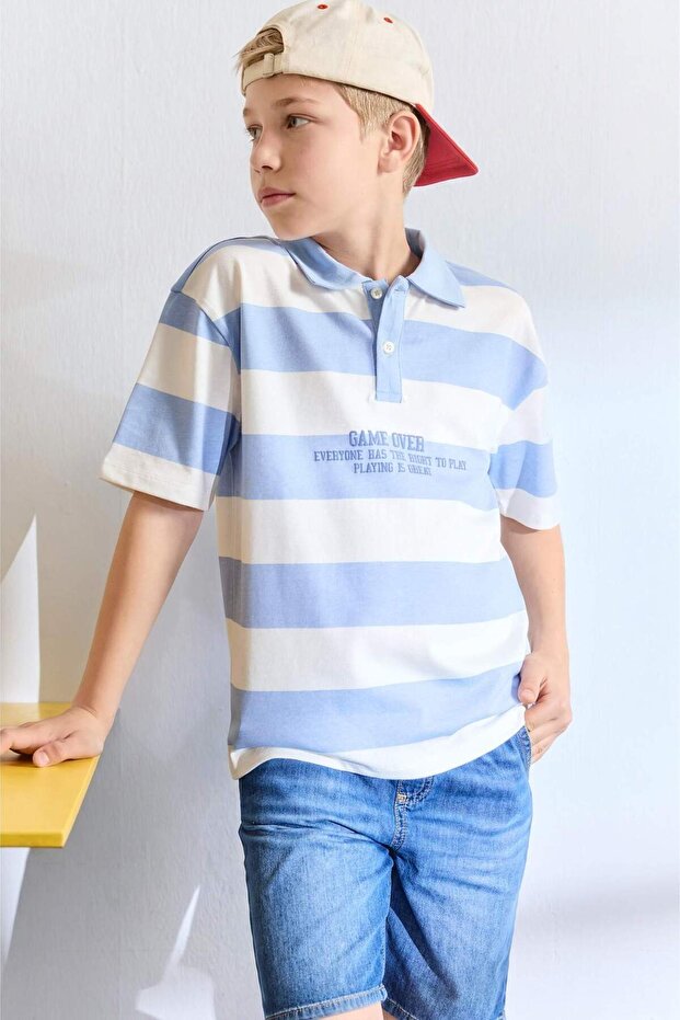 100% Cotton Oversized Printed Short Sleeve Polo Striped Light Blue T-Shirt for Boys H6355A826Hs
