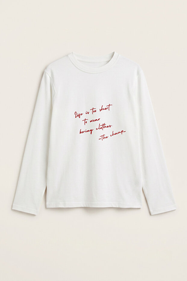 Women's Long Sleeve T-Shirt No Boring Printed White – Stretchy Fabric, Comfortable Fit, Crew Neck