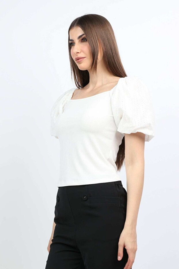Short Puff Sleeve Square Neck Solid Blouse - 2