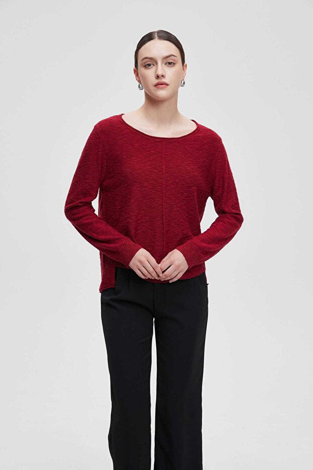 Solid Long Blouse with Oval Neckline