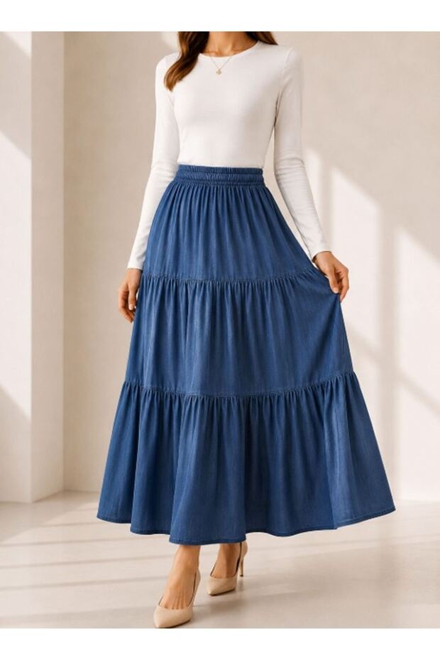 Elastic Waist Gathered Skirt Dark Blue