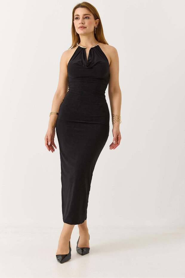 Women's backless long dress with back slit - black