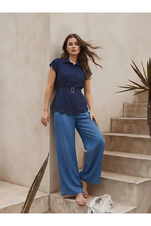 Women Cap Sleeve Belted Shirt