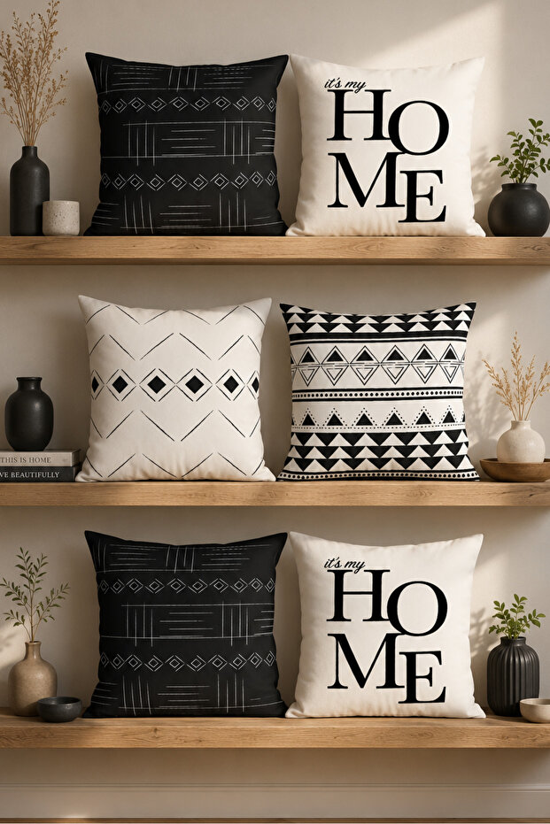 6-Piece Black and White Design Double Sided Printed, Decorative, Sofa Pillowcase, Throw Pillow Cover Set