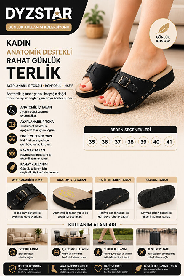 Women's Anatomically Supported Comfortable Daily Slippers Black Comfort Slippers with Adjustable Buckle 35-41