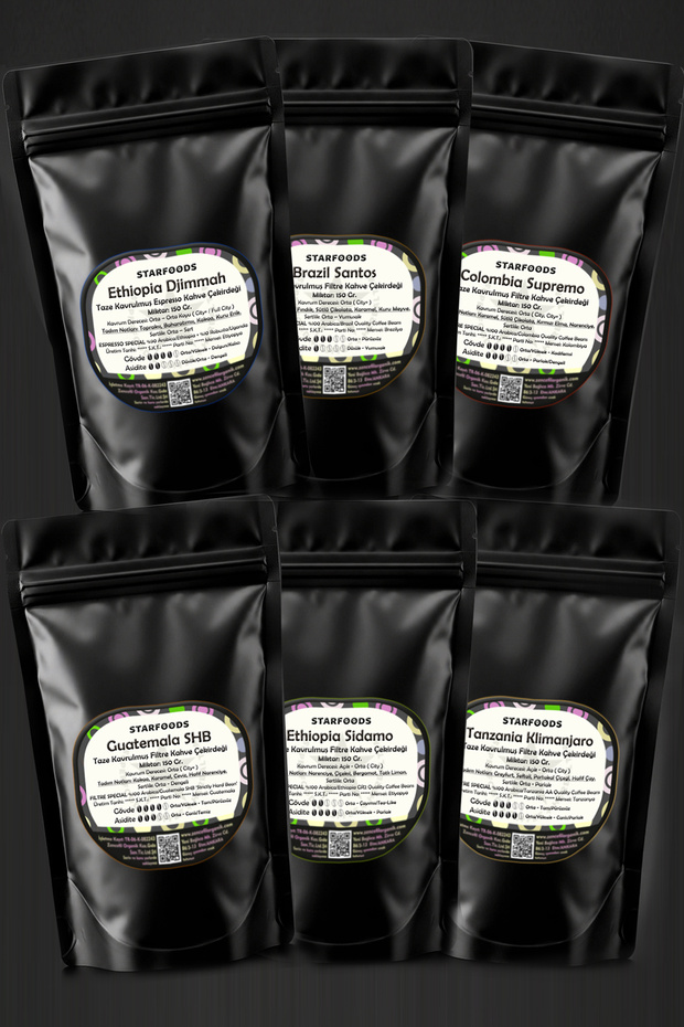 6-Pack World Coffees Bean Coffee Freshly Roasted Qualified Special Beans 900 Gr. Ethiopia Brezi