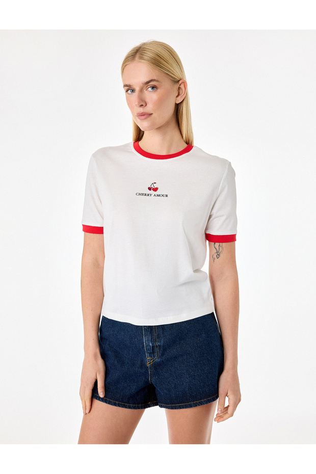 Cotton Short Sleeve Crew Neck Heart Cherry Printed T-Shirt