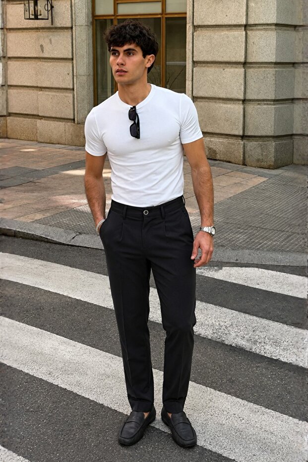 Dark Black Regular Fit Straight Cut Men's Trousers with Side Pockets 6540