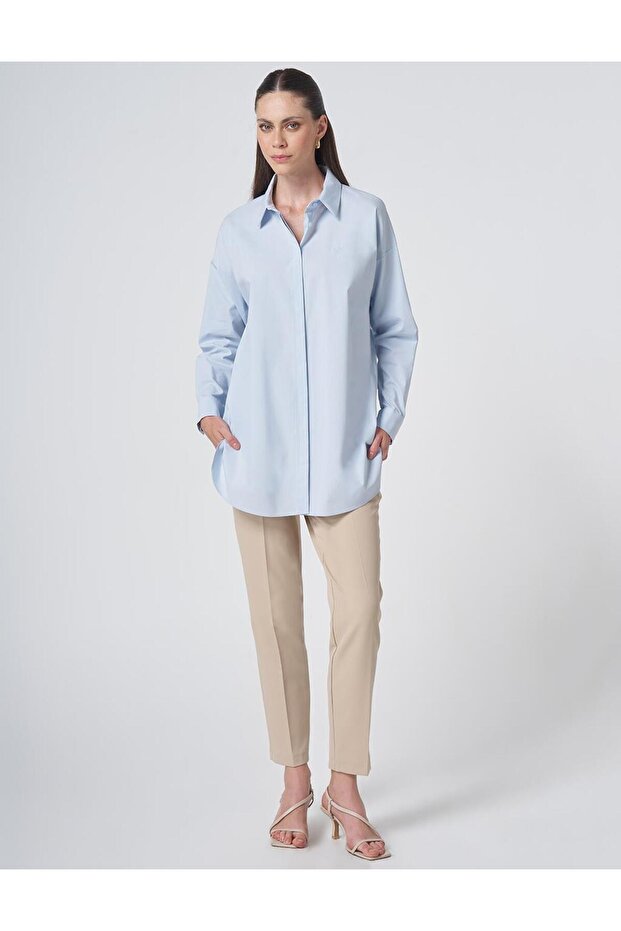 Shirt Collar Basic Poplin Tunic Ice Blue - 2
