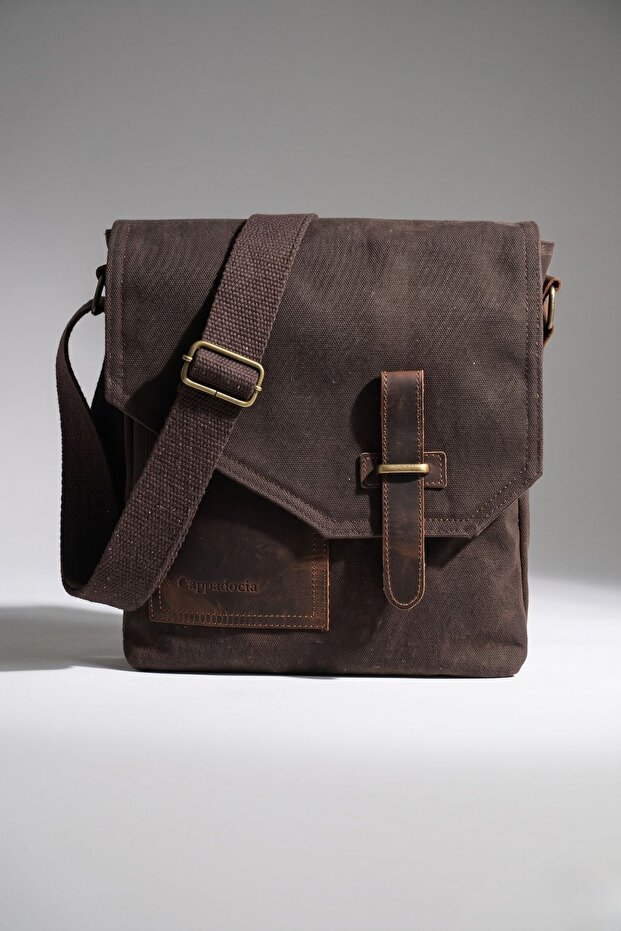 Genuine Leather 4035 Teos Bitter Brown Water Resistant Postman Shoulder Waxed Canvas Laptop School Bag