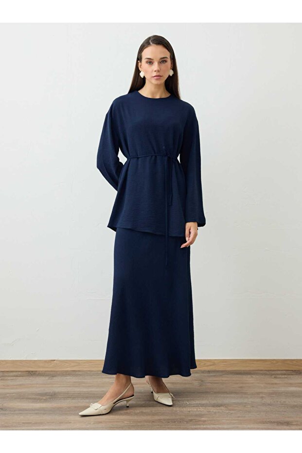 Tunic Skirt Double Set with Tie Detail at the Waist - Navy Blue -
