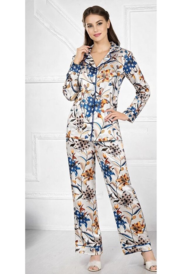 Women's Satin Pajama Set Floral Patterned Buttoned Long Sleeve Stylish Home Wear Set 89-460