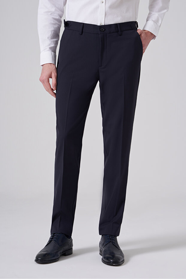 Men's Navy Blue Slim Fit Buckle Trousers