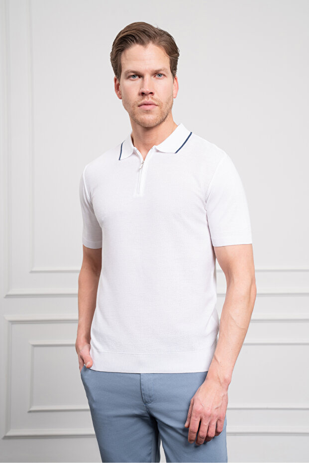 Men's White Trend Polo Neck Dynamic Fit Relaxed Cut T-Shirt