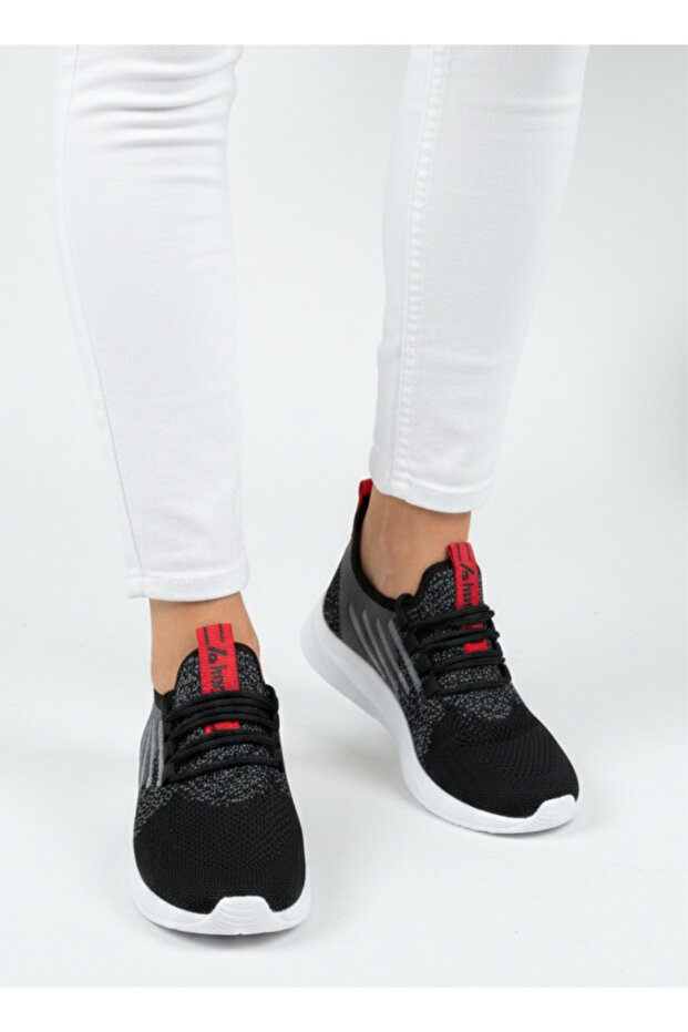 Lace-Up Knit Unisex Sneakers-Black White Red