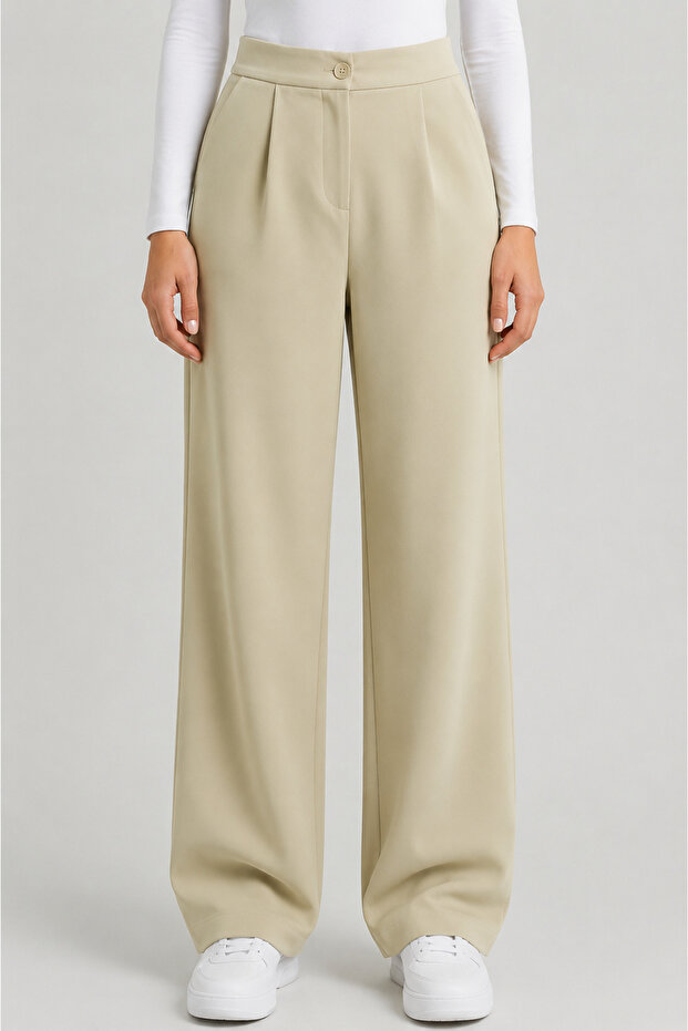 Sage Green High Waist Pocketed Buttoned Lycra Women's Palazzo Trousers