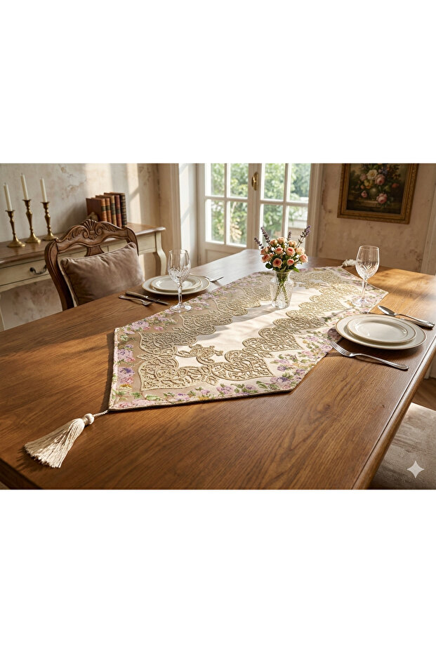 Sueda Jacquard Woven Lurex Shiny Satin Silk Look Decorative Runner 45*110 Beige-Beige
