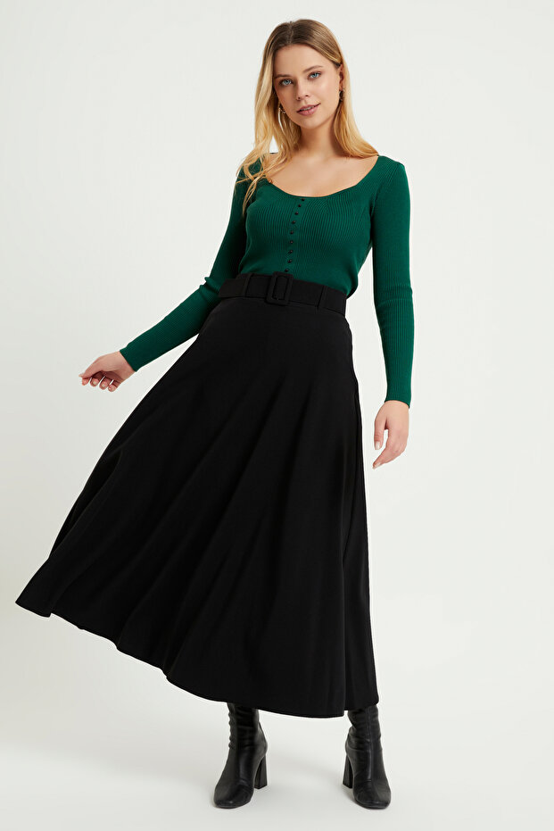 Belted Flared Skirt - Black - 3