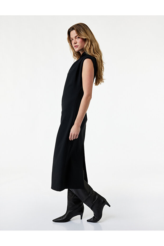 Mock Neck Sleeveless Slit Detailed Basic Long Dress