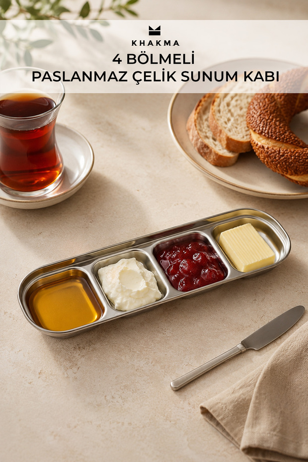 4-Compartment Stainless Steel Presentation Container – Sauce Bowl & Breakfast Snack Bowl | Jam Bowl & Sauce Bowl Serving Plate