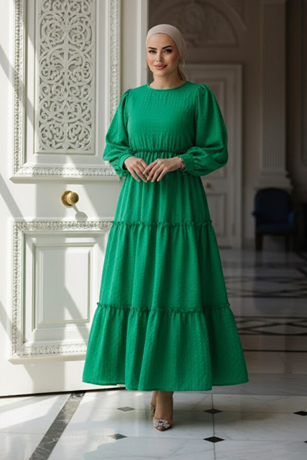 Layered Pleated Green Hijab Dress 3033Y