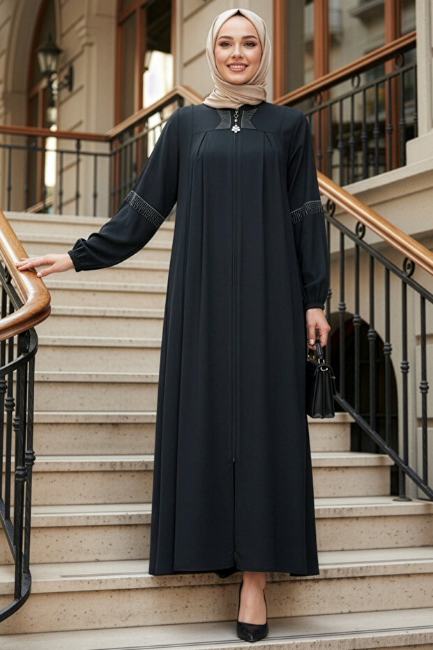 Zippered Navy Blue Hijab Abaya 45299L