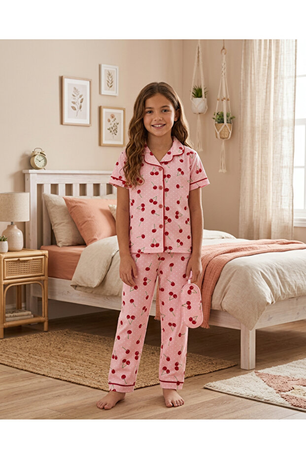 Girl's Cotton Cherry Patterned Summer Pajama Set with Eye Patch